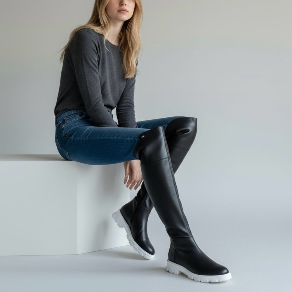 Michael Kors Ridley Leather Knee High Lug Sole Boots Size 5.5 Black White